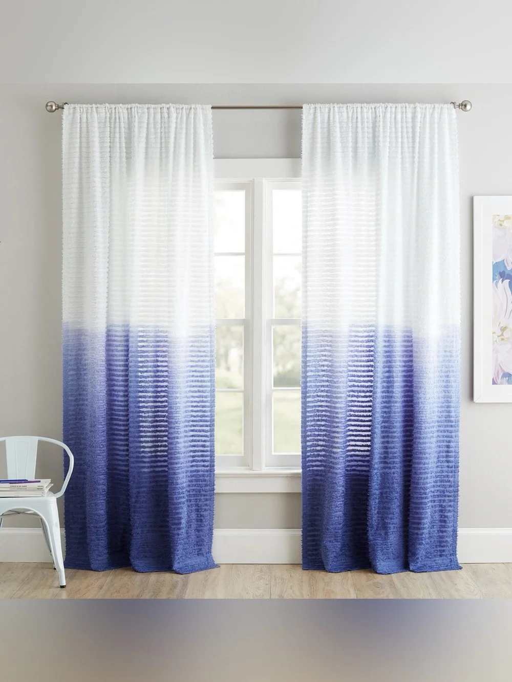2 Pottery Barn Textural Ombre Window Curtain Set Dark Blue White NWT